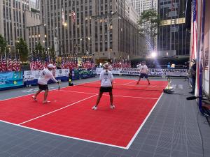 People playing Pickle Ball during a Fox News segment in New York City