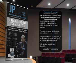 Stage and banner about Joses speaking engagements