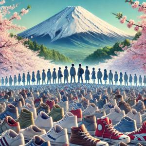 An image depicting a vast array of youthful shoes in the foreground, with figures of young people standing in solidarity in front of Mount Fuji, Japan