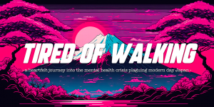 The Tired of Walking logo against a neon pink backdrop of Mount Fuji, Japan