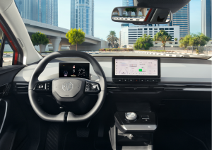 MG4 EV interior with a sleek design, featuring a large touchscreen display, digital driver interface, and premium materials for a high-tech, eco-friendly driving experience.