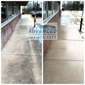 Before and after comparison of a commercial sidewalk cleaning performed by Advanced Pressure Washing Services LLC. The image showcases the removal of dirt, grime, and grease from a high-traffic area using professional hot water pressure washing and degrea