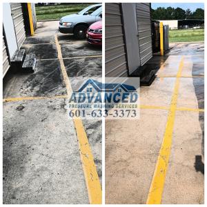 Before and after photo showcasing commercial concrete cleaning of a parking lot by Advanced Pressure Washing Services LLC. The cleaning process removed dirt, oil stains, and heavy grime, restoring the surface to a clean, like-new condition. Ideal for high