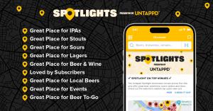 A list of the Spotlights categories next to a screenshot of the Untappd in-app experience