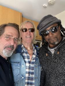 Musicians Marlon Hoffman, Davey Johnstone and Bernard Fowler recording the album Holy Matters