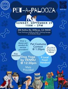 Pet-A-Palooza Event Poster with blue background, various cats and dogs, and text that reads "Pet-A-Palooza Sunday, September 29 11AM-2PM 200 Rollins Rd, Millbrae, CA 94030 Free Parking at Millbrae BART Parking Garage on N Rollins Road Over a dozen pet ven