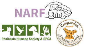 Three logos of Pet rescue organizations in attendance: NARF, Peninsula Humane Society & SPCA, and Companion Animal Community Center