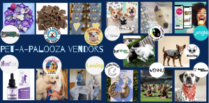 Photos and logos from the Pet-A-Palooza Vendors: Pet-A-Palooza Vendors: Motherpuppin' Enriching Time, Cody's Cookies and Treats, Diamond Dogs Treatery, Le Pawdrobe, Paint Your Pet Events, Jingle App, Wiggling Tails, Disco Dog, Furry Faces CBD, Van Dogh Gr