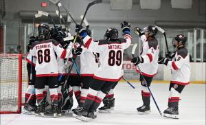 Ventura Vikings hockey team celebrates on the ice after their inaugural win in the USPHL, marking a major milestone for the team based in Ventura, California.