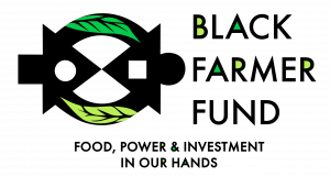 Adinkra symbol and Black Farmer Fund slogan "food, power, and investment in our hands"