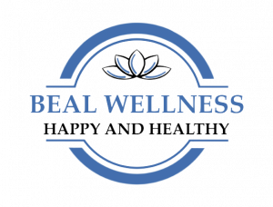 Beal Wellness psychiatry and mental health services logo with a blue circular design, a lotus flower symbol, and the text “Beal Wellness - Happy and Healthy.” This image represents mental health and psychiatry services in Georgia.