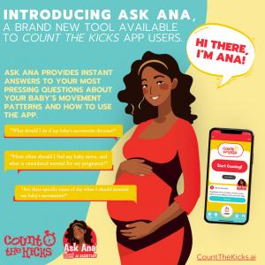 A yellow, teal, and red graphic showing an illustration of a Black pregnant woman in a red dress, which illustrates the visual for the new 'Ask Ana' feature on the Count the Kicks app.