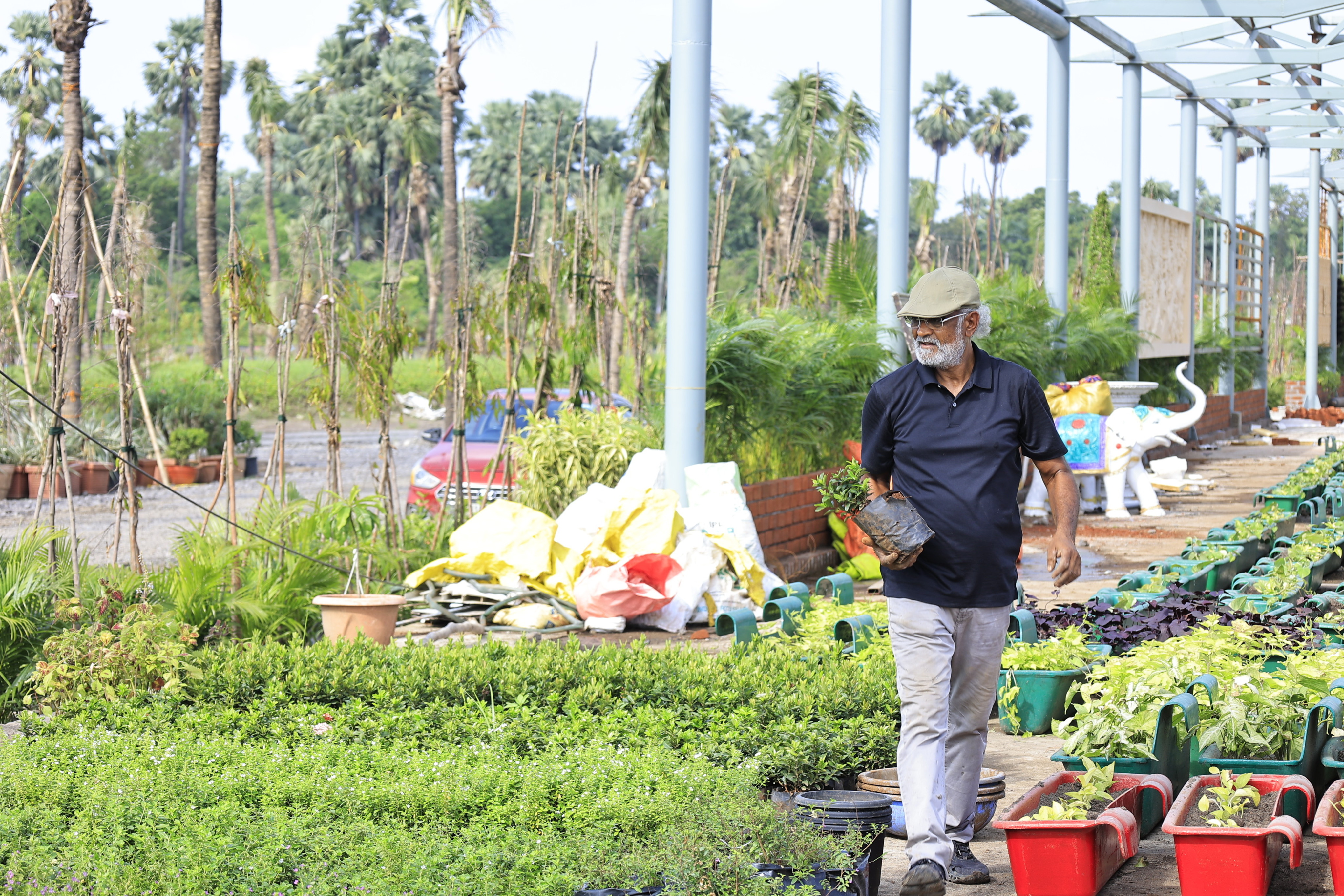 A hands-on approach: Dr. Savjibhai Dholakia nurtures the trees he planted and inspects the progress of his environmental initiatives.