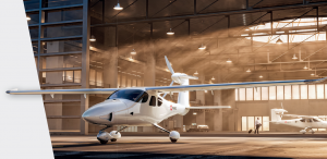 Smartflyer 4 seat electric aircraft exiting the hangar