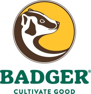 Badger company logo featuring profile of badger in brown on yellow background, the name Badger, and the tag line cultivate good.