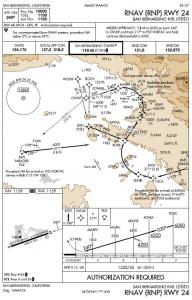 "An RNAV (RNP) approach chart for Runway 24 at San Bernardino International Airport (SBD). The chart includes various navigation and approach information, such as altitude profiles, waypoints, and missed approach instructions. Key waypoints include OVULE,