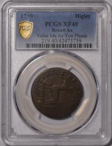 1739 Higley-Value Me As You Please PCGS XF-40-Extraordinary Quality of Rare Early American Colonial Higley Coin