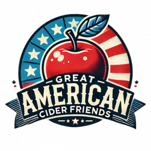 Great American Cider Friends logo featuring a stylized red apple with a leaf against a backdrop of stars and red-striped patterns, reminiscent of an American flag. The words ‘Great American Cider Friends’ are displayed prominently in bold, vintage-style l