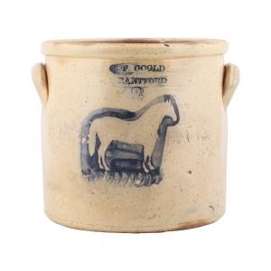 Exceptional salt-glazed stoneware two-gallon horse crock by F. P. Goold dating to the 1860s, with a reverse-stenciled horse adorning the side, 9 ½ inches tall (est. CA$10,000-$14,000).