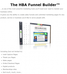 Screenshot of the HBA Funnel Builder interface, displaying tools for building lead capture, sales, and checkout pages in a user-friendly dashboard.