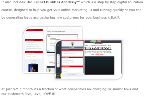 Screenshot of the Funnel Builders Academy and funnel creation tools, providing training and resources for entrepreneurs to build successful online businesses.