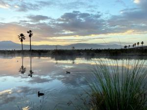 View of the lake at sunset at El Cielo Resort in Valle de Guadelupe, Baja California, Mexico