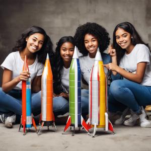 4 racially diverse girls building a rocket