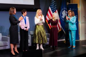 Speaker Emerita Nancy Pelosi and others applaud the 2024 Lantos laureates at the Lantos Human Rights Prize ceremony