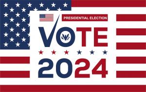 Graphic promoting the 2024 U.S. Presidential Election, featuring the American flag and the word "VOTE" in bold letters, accompanied by the text "PRESIDENTIAL ELECTION 2024."