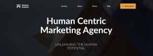 Human Centric Group homepage, featuring the logo, the title "Human Centric Marketing Agency," and the tagline "Unleashing the Human Potential" against a dark background.