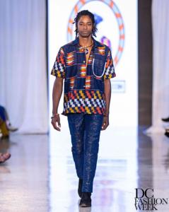 Navy blue Kente woven silk and cotton short sleeve shirt and pants for men from Fort Mose 1738