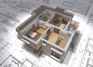 Blueprint of apartment plan with 3D render overlay