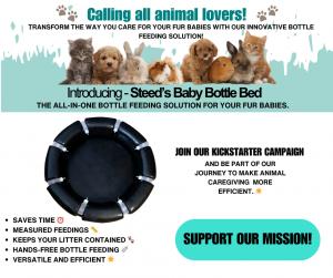 Four puppies with different fur colors looking at the camera, surrounding the Steed’s Baby Bottle Bed, an innovative hands-free feeding solution for multiple baby animals. Join our Kickstarter campaign to support this project.