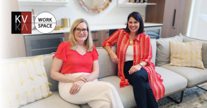 Kris Van Dierendonck, Owner and Principal of KV Workspace sitting next to Marie Richoux Business Development Lead in the new KV Workspace office and showroom in New Orleans.