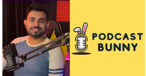 Muhammad Mehrose, founder of Podcast Bunny, standing next to the company’s logo, marking the expansion of his podcast production business into the UK and Australia markets after four years of success in the USA