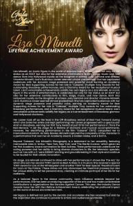 Promotional poster for Liza Minnelli receiving the Lifetime Achievement Award at the 2024 Industry Dance Awards Gala of the Stars, detailing her extensive career and contributions to the arts.