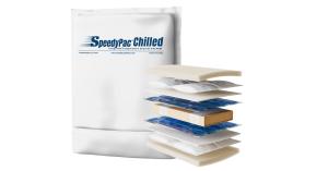 Image of a white mailer bag with a dark navy logo on it that says speedypac chilled accompanied by a smaller image of the various layers inside of the mailer.