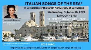 Songs of the Sea starring Cristina Fontanelli at St. Peter's University in Jersey City NJ.  It is a photo of the harbor in Molfetta Italy with ships and boats docked that also has the information of the concert.