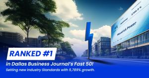 Image showing Maverick Power ranked #1 in Dallas Business Journal's Fast 50 list, with a three-year growth rate of 5,789%. The image highlights Maverick Power's headquarters and a billboard with the company's name, emphasizing their industry leadership.