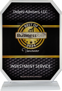 crystal award with black background and white and gold writing stating that Delphi Advisers, LLC. is Awarded with a Best of 2024 award in the Investment Services category for Vancouver, WA..