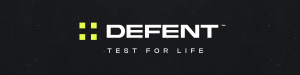 DEFENT logo on a black textured background. The logo features four neon green squares arranged in a grid on the left, followed by 'DEFENT' in large white capital letters. Below the logo, 'TEST FOR LIFE' is written in white, widely spaced text.