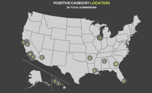 Map of the United States showing positive fentanyl cases by location. The map is grayscale with yellow numbers indicating case counts in various states. California shows 3 cases, while other states like Florida, Ohio, and Nevada show 1-2 cases each. The t