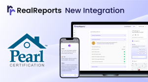 The image displays the RealReports™ digital interface on multiple devices, showcasing a real estate reporting tool in partnership with Pearl Certification. On a smartphone, an AI named Aiden answers questions about home sustainability features. On a lapto