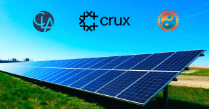 This is a photograph of solar panels with the Crux logo, CLA logo, and Balance Solar logos on top.