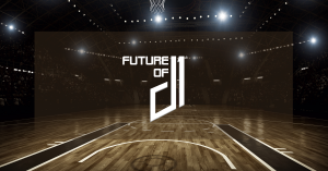 Image of an empty basketball gym in the background with The Future of D1 logo is in the foreground.