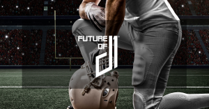 Image of a kneeling football player on a sideline with The Future of D1 logo is in the foreground.