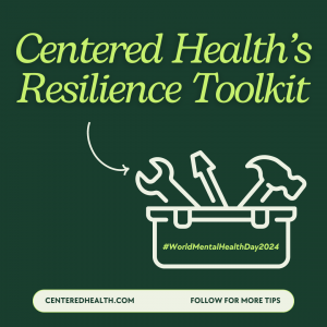 A photo of a tool box with text, Centered Health's Resilience Toolkit