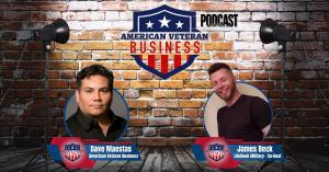 American Veteran Business Podcast logo on brick wall with photos of Dave Maestas and James Beck