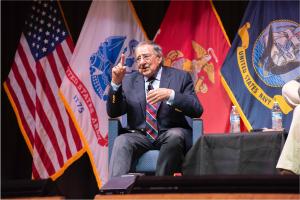 Former Secretary of Defense Leon Panetta spoke to the student body and faculty at the Naval Postgraduate School (NPS) during A “Fireside Chat” format Secretary of the Navy Guest Lecture (SGL) at King Hall auditorium, Oct. 8.