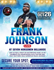 Frank Johnson of King George Music Group to Perform Live at Seven Horsemen Billiards During Fayetteville State University Homecoming Weekend